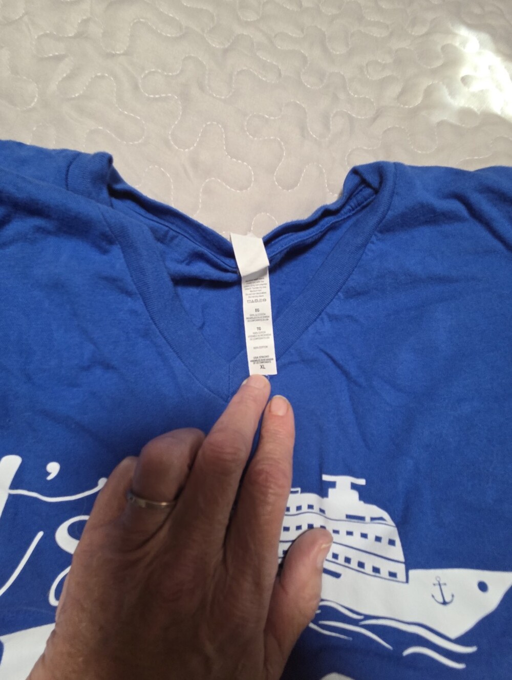 Blue V-Neck Graphic Tee with White Cruise Ship Print